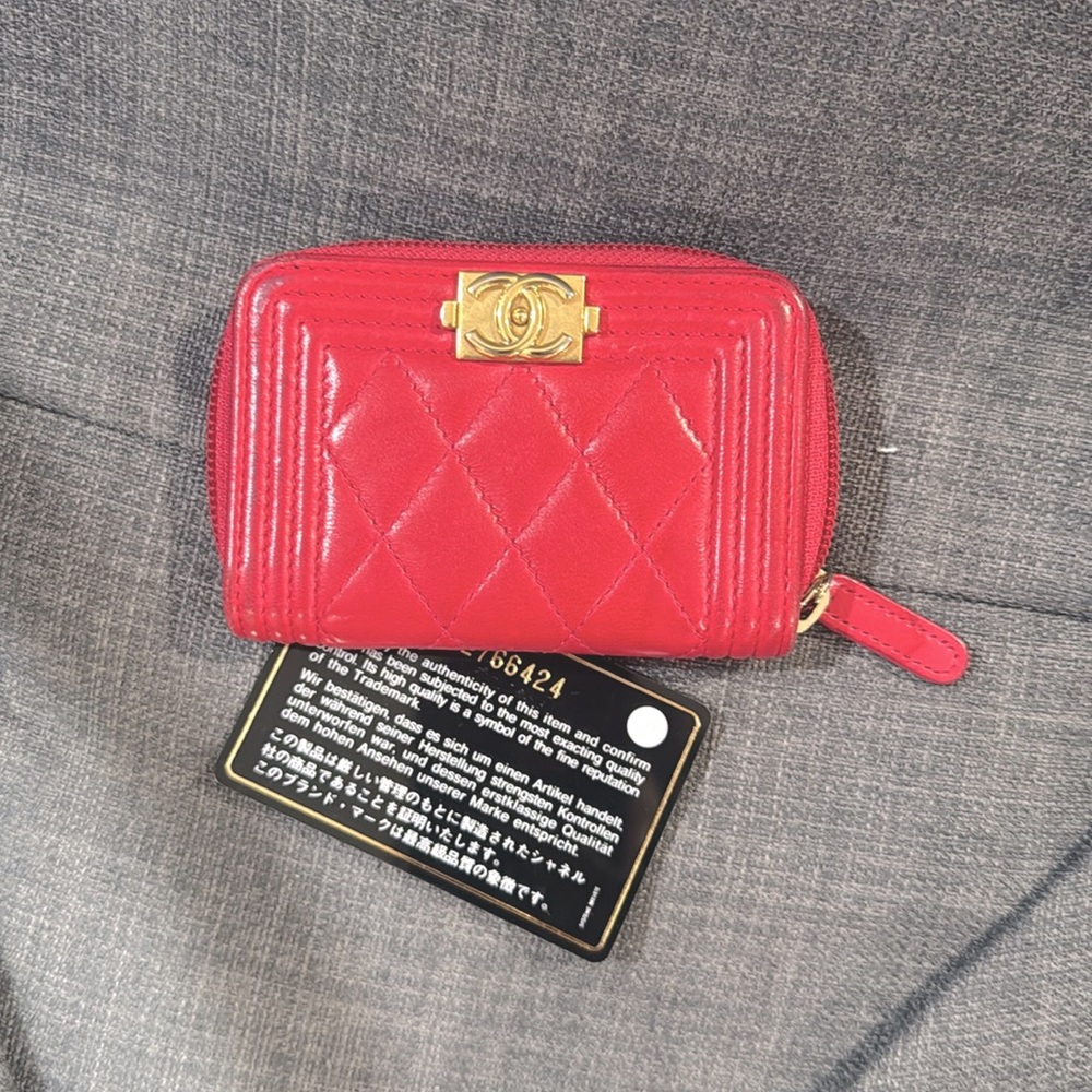 CHANEL Red Lambskin Quilted Boy Zip Around Coin Purse Wallet